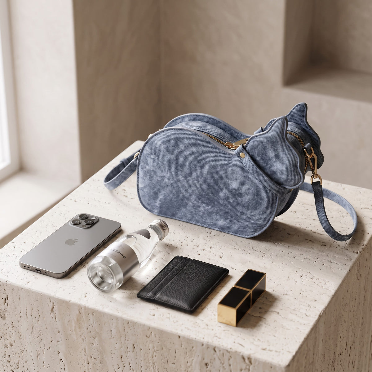 Cat Shaped Leather Crossbody Bag in Vintage Denim | Raw & Radiant