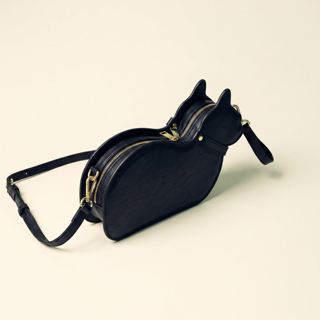 Cat Shaped Leather Crossbody Bag in Midnight Black | Raw & Radiant
