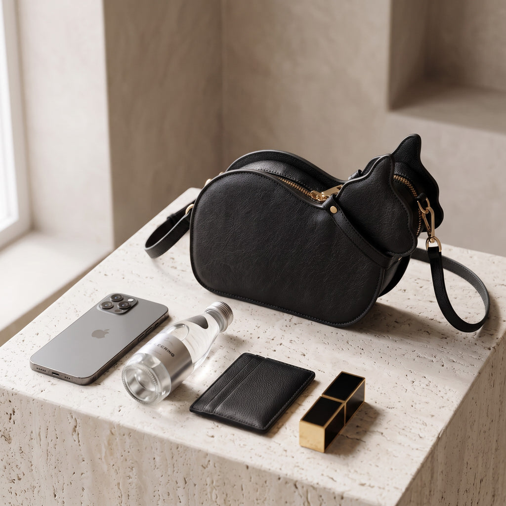 Cat Shaped Leather Crossbody Bag in Midnight Black | Raw & Radiant