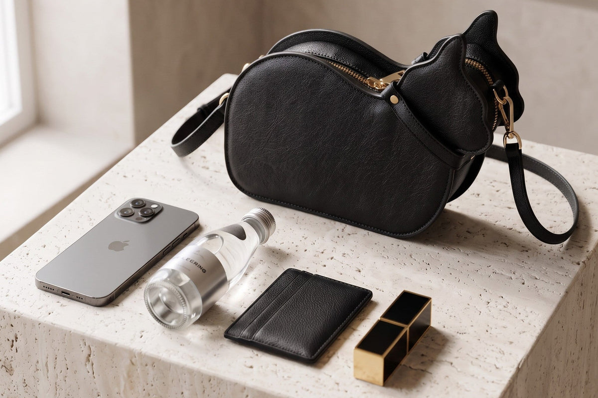 Cat Shaped Leather Crossbody Bag in Midnight Black