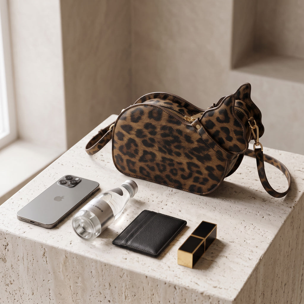 Cat Shaped Leather Crossbody Bag in Wild Leopard | Raw & Radiant