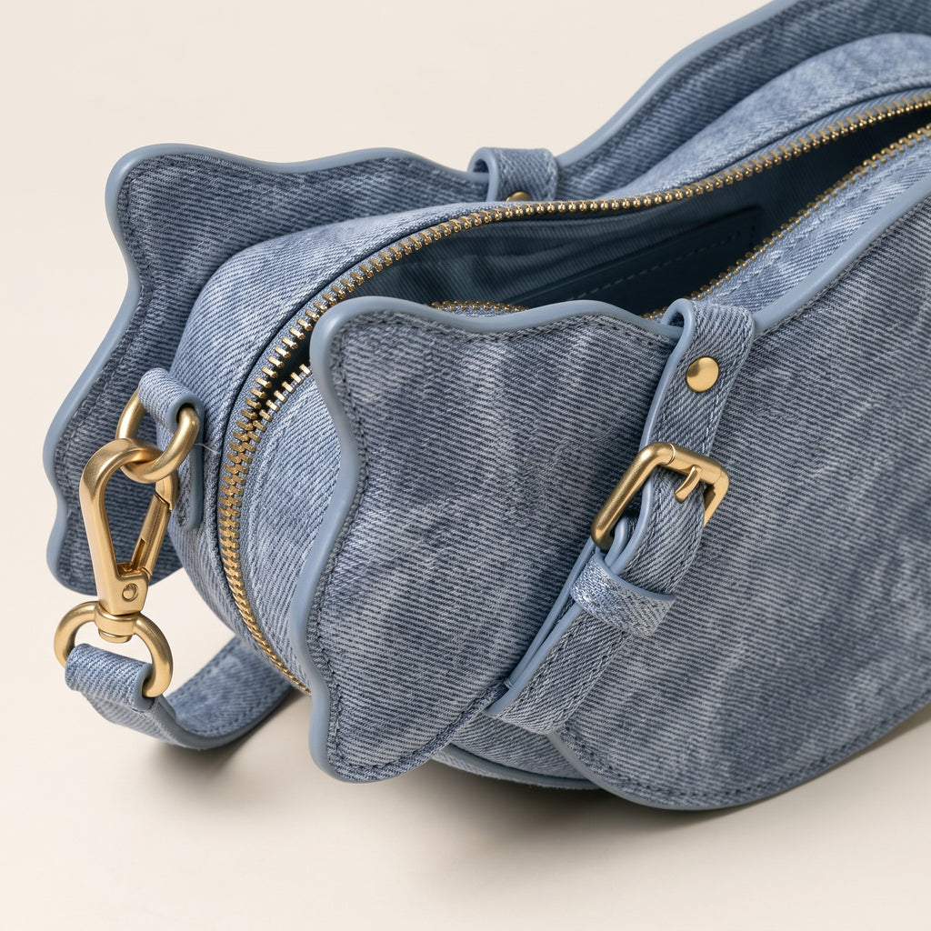 Cat Shaped Leather Crossbody Bag in Vintage Denim | Raw & Radiant