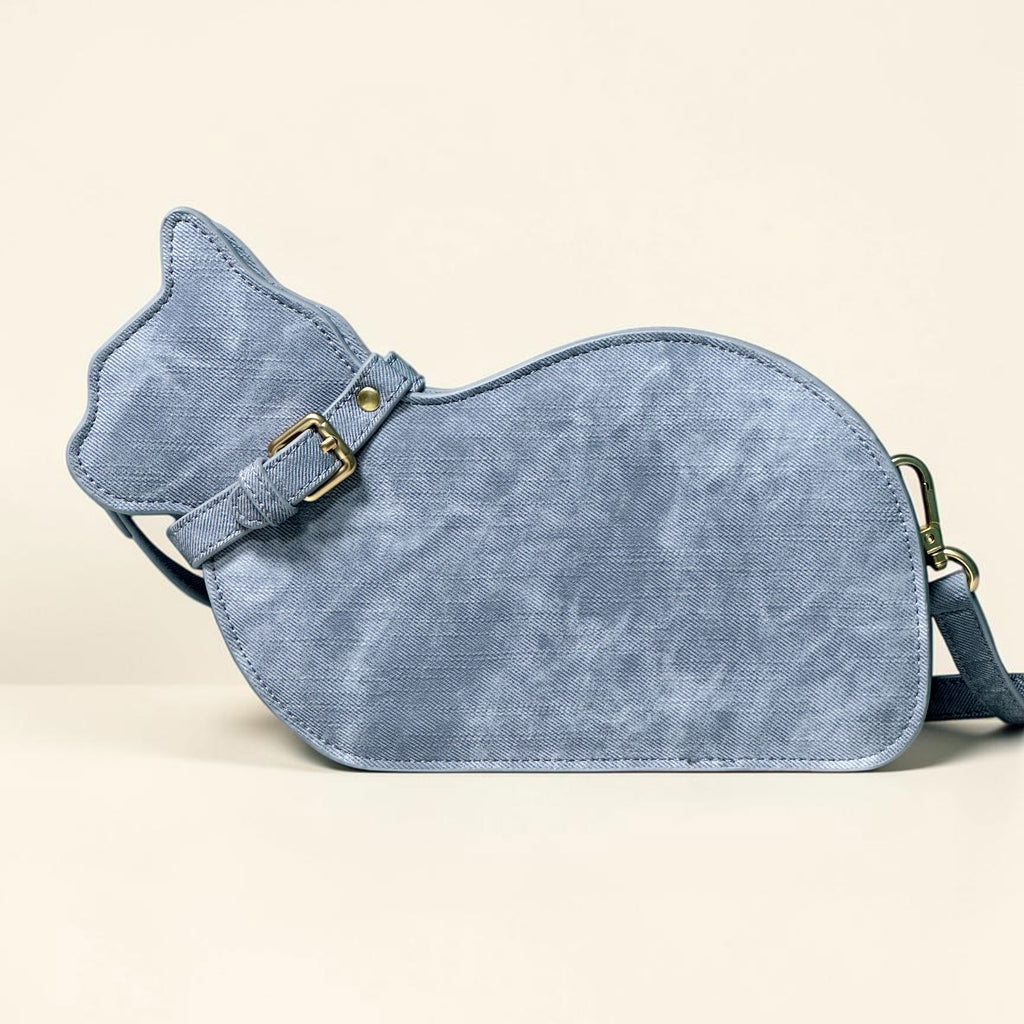 Cat Shaped Leather Crossbody Bag in Vintage Denim | Raw & Radiant