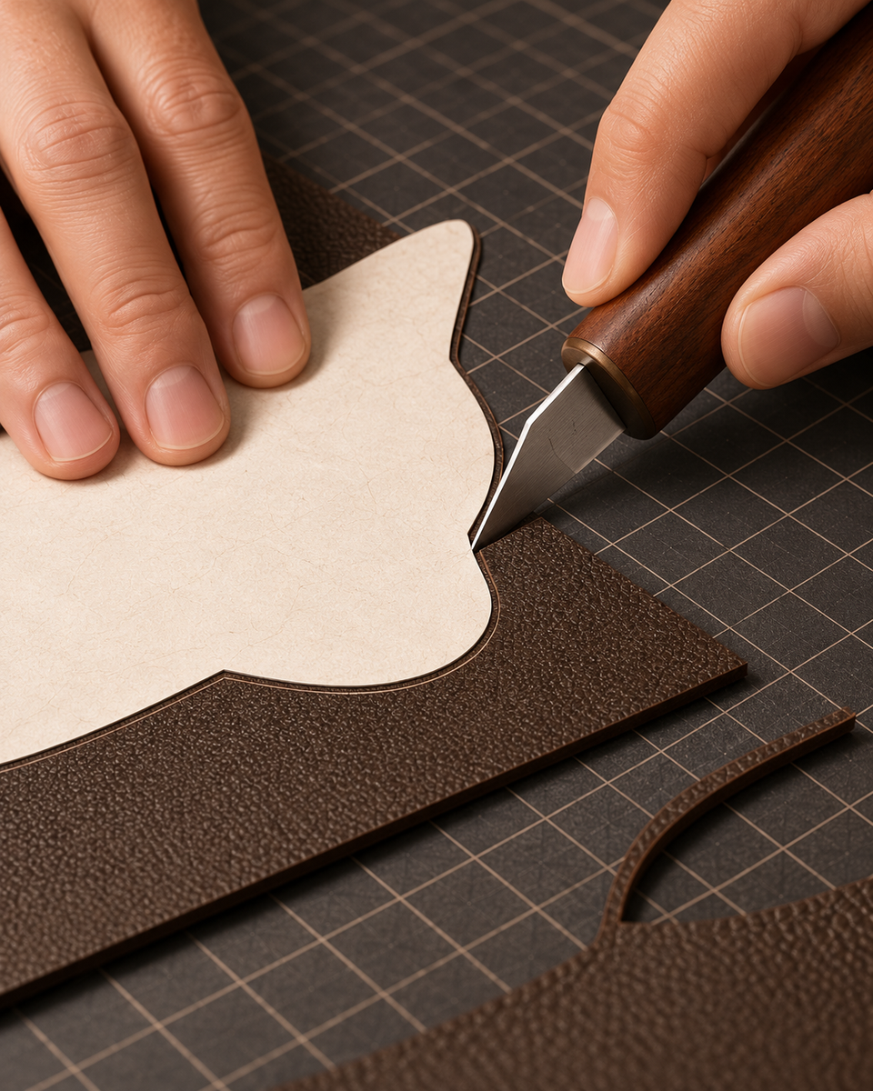Hand cutting Genuine Leather along a paper pattern