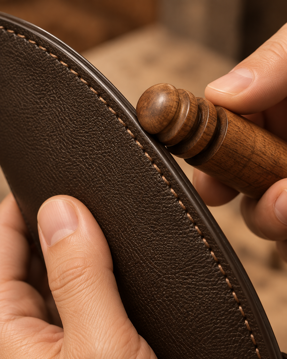 A wooden tool finishing the Genuine Leather edge by hand