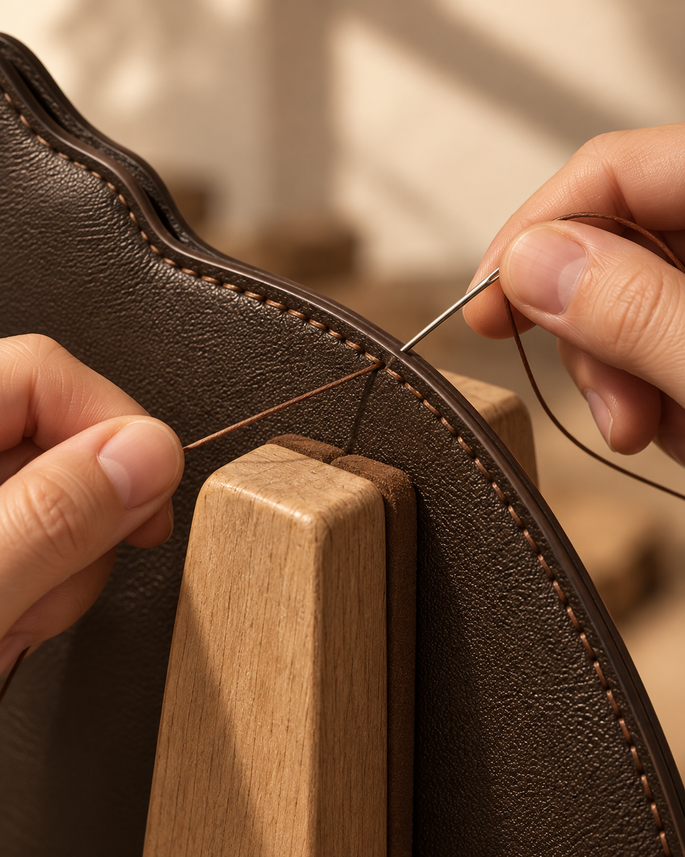 Hand sewing the curved Genuine Leather edge