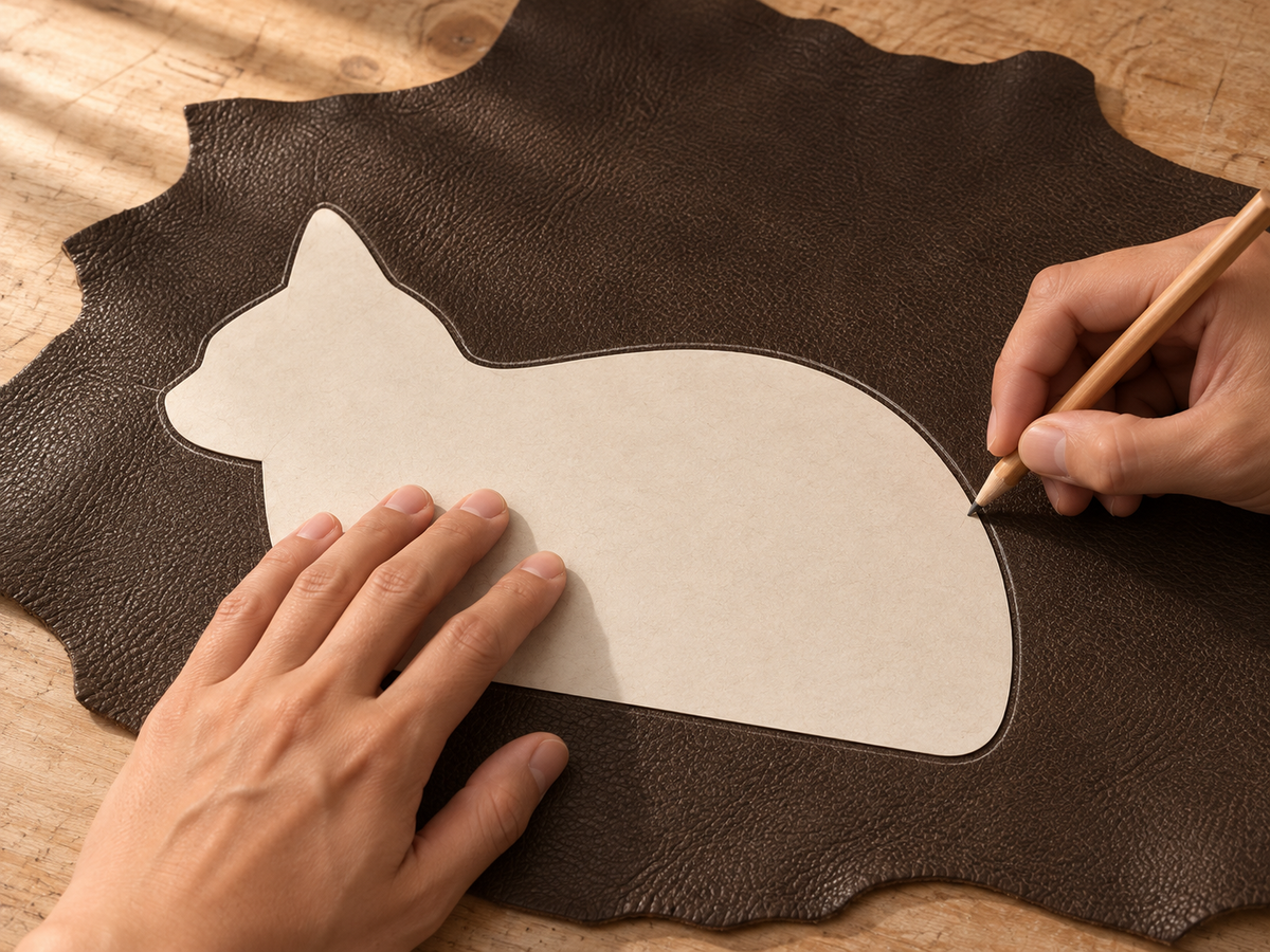 A paper pattern traced onto raw espresso Genuine Leather by hand