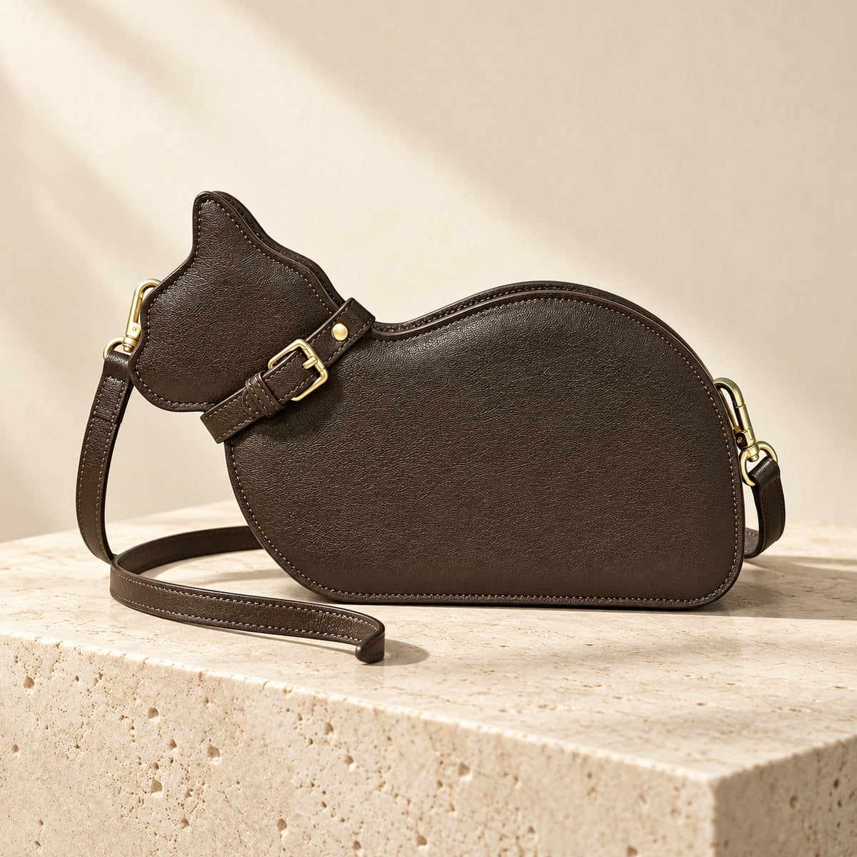 Espresso brown cat-shaped Genuine Leather crossbody bag on pale stone