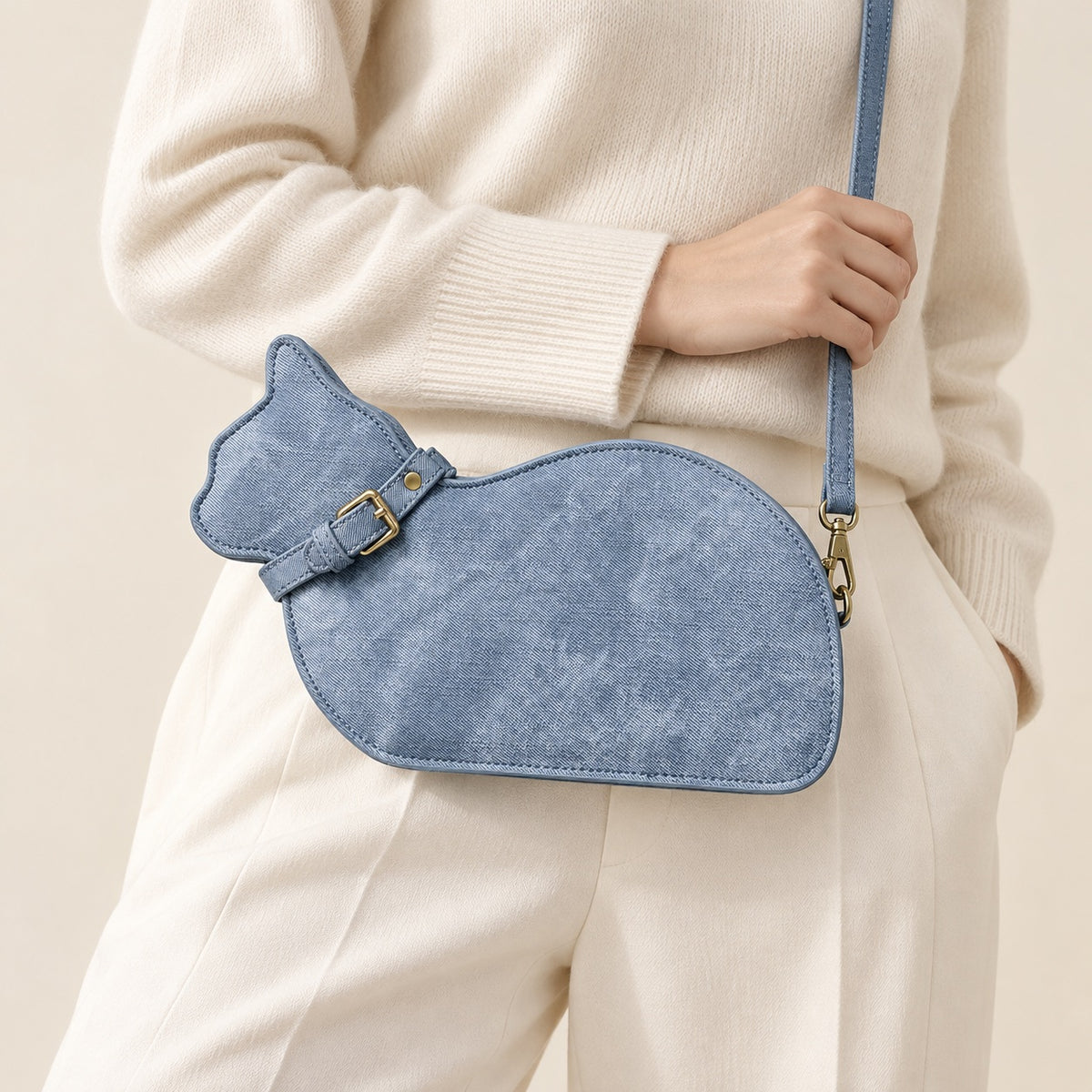Vintage denim cat-shaped bag styled with ivory knitwear