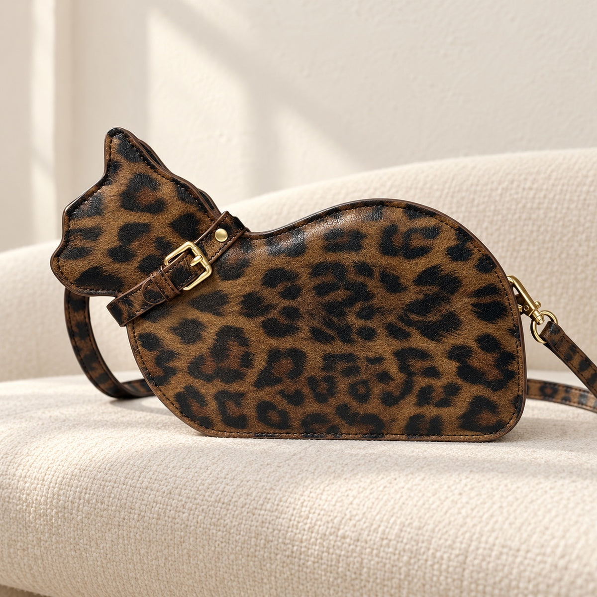 Leopard-print cat-shaped bag on an ivory upholstered bench