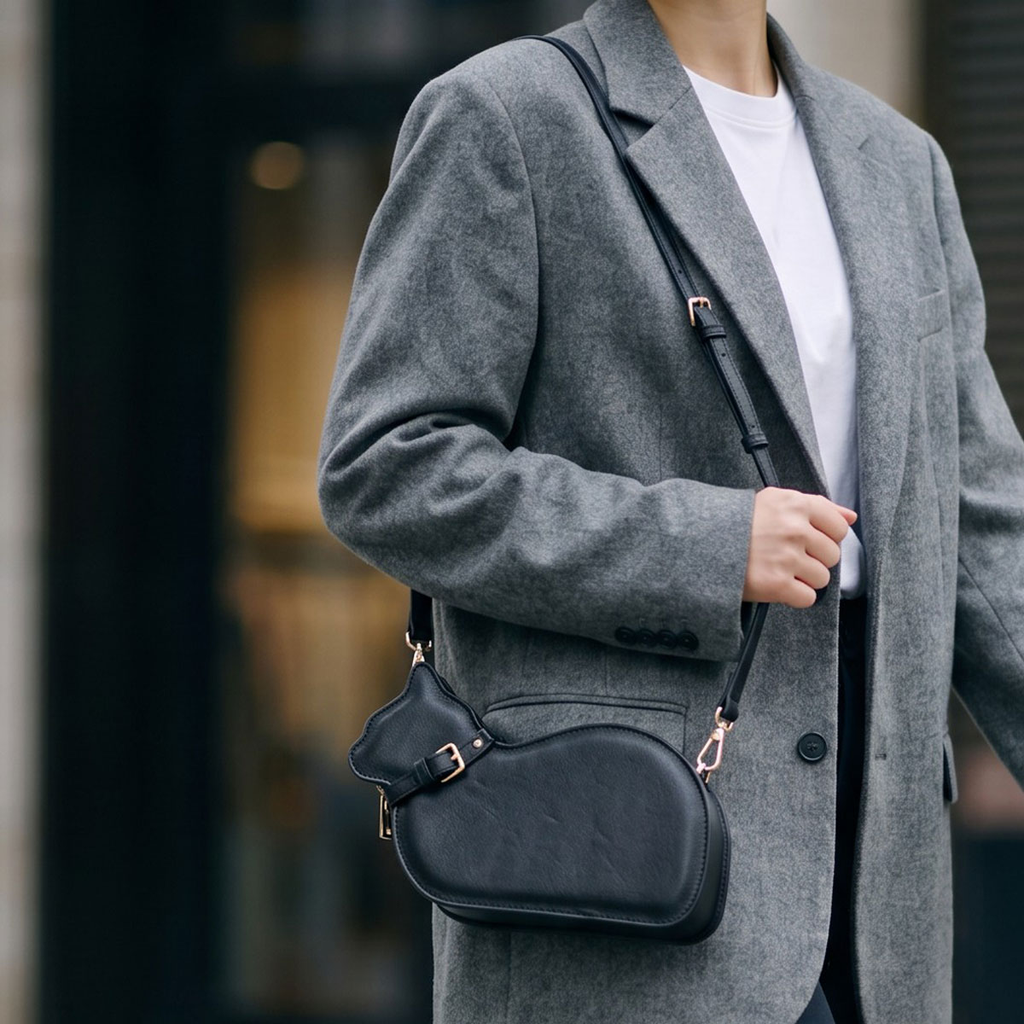 Cat Shaped Leather Crossbody Bag in Midnight Black | Raw & Radiant