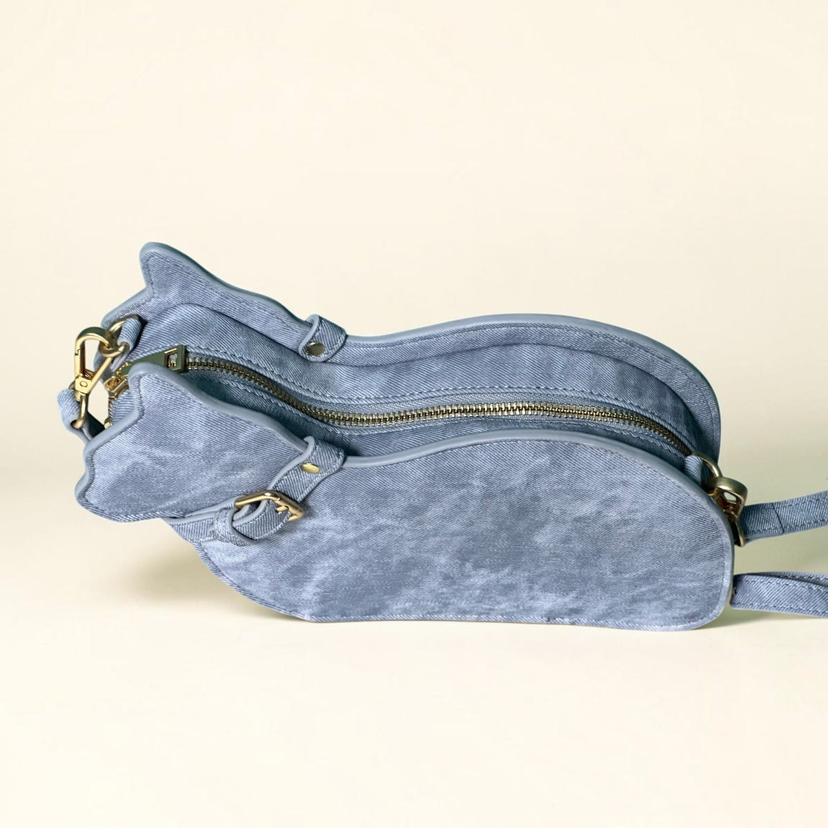 Cat Shaped Leather Crossbody Bag in Vintage Denim | Raw & Radiant