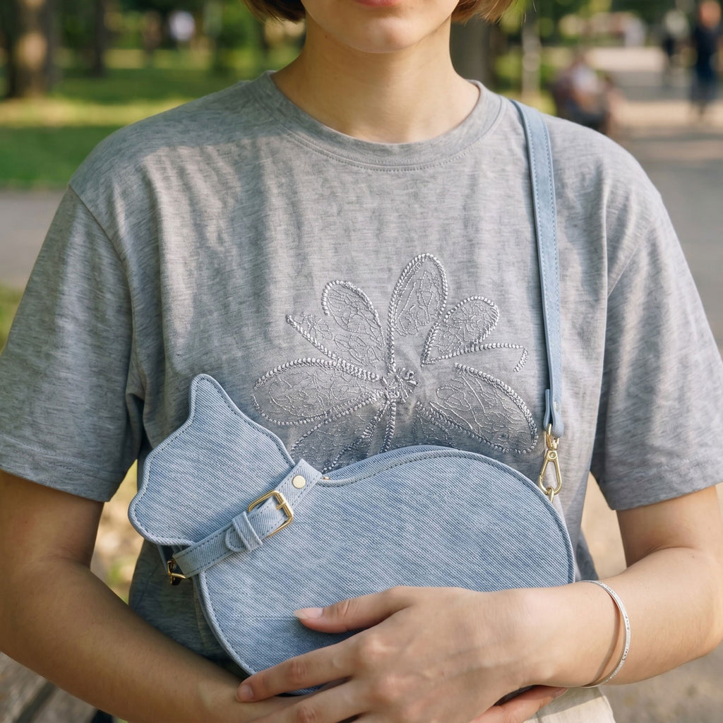 Cat Shaped Leather Crossbody Bag in Vintage Denim | Raw & Radiant