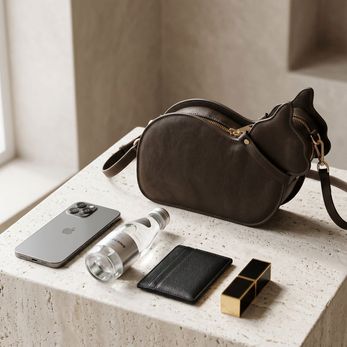 Cat Shaped Leather Crossbody Bag in Espresso Brown | Raw & Radiant